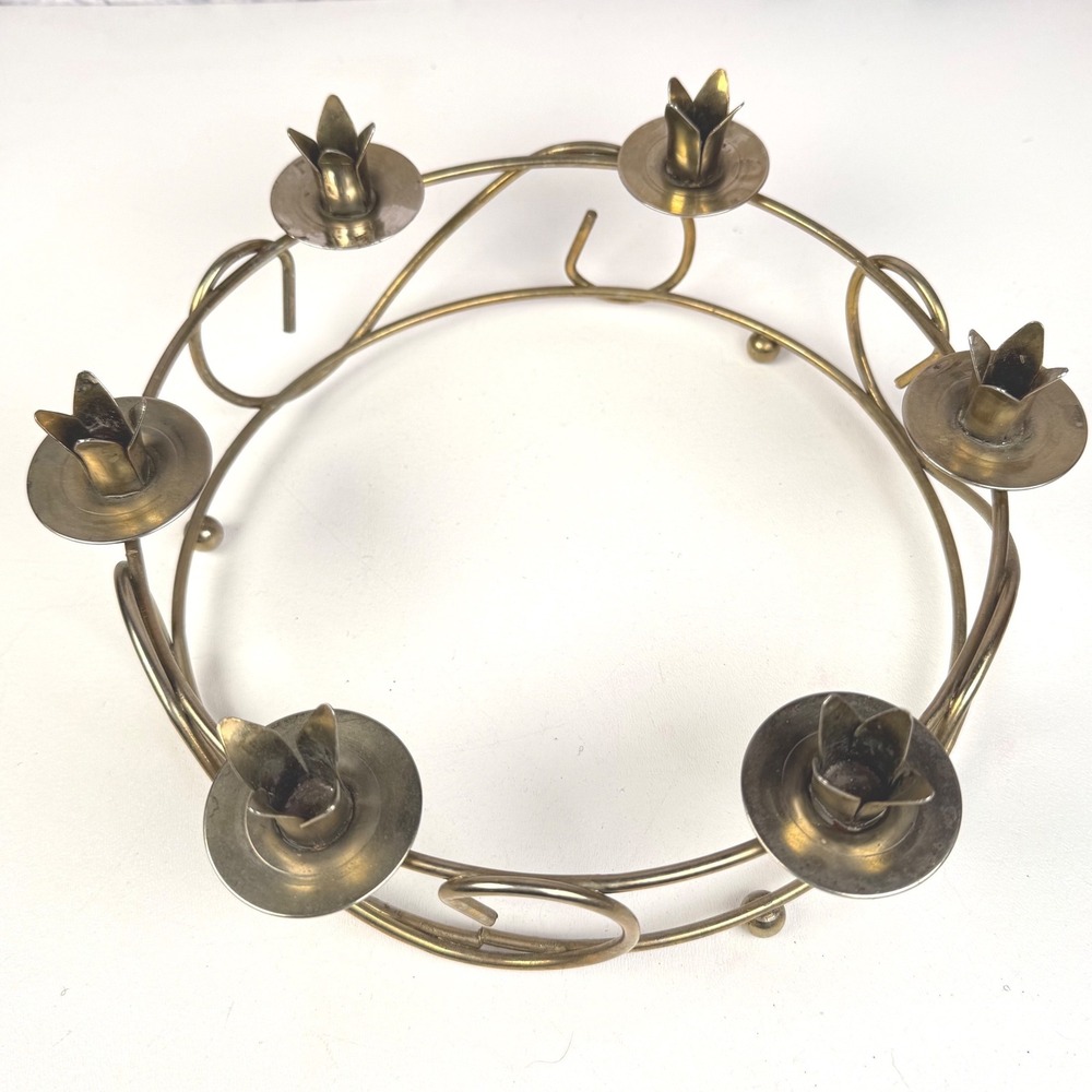 Vintage Brass 6 Candle Holder Tulip Taper 10" Round Centerpiece Advent Wreath